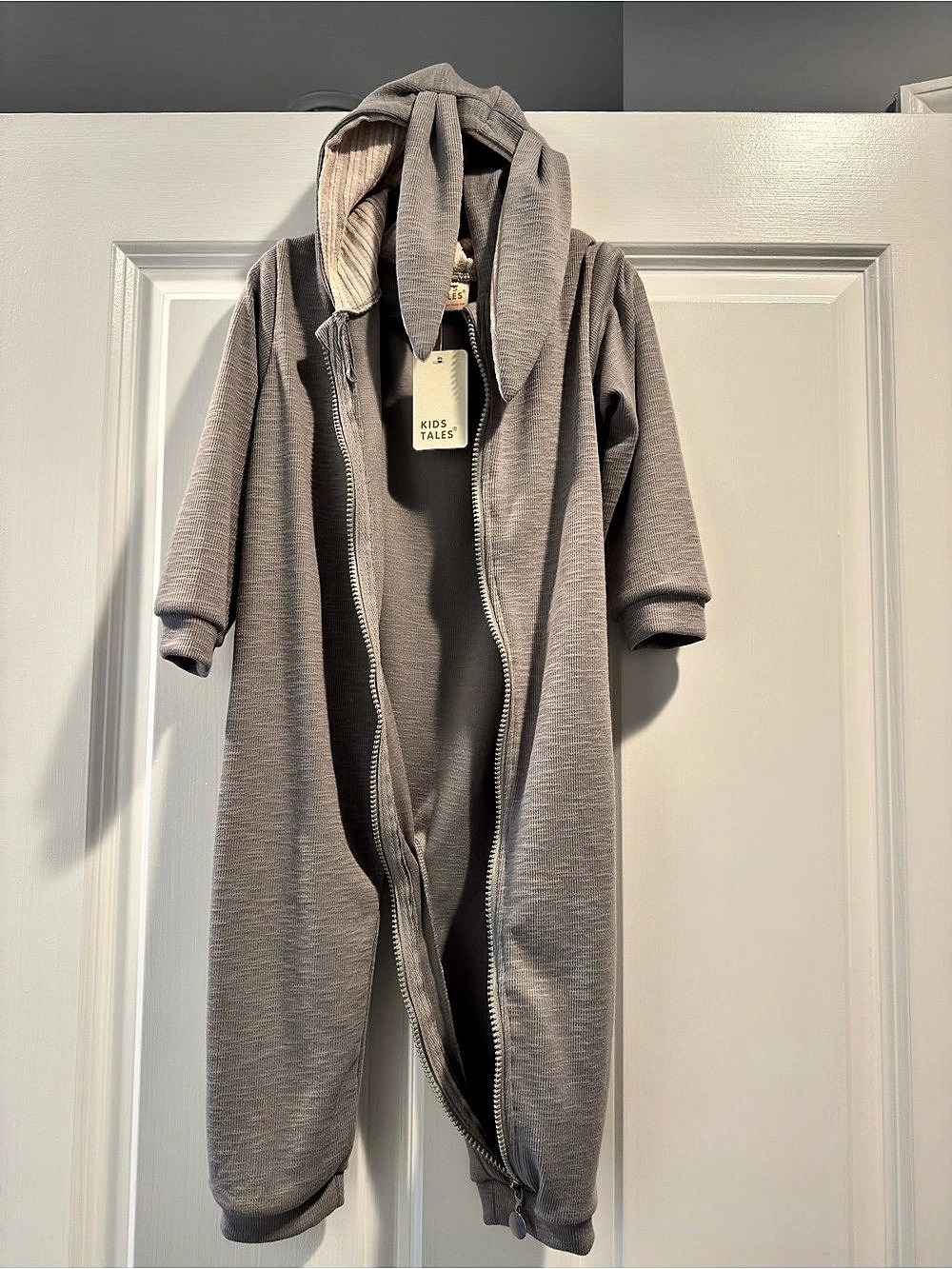 Kids Tales Baby Rabbit Ear Hoody Zipper Romper Gray & Cream Size 18M